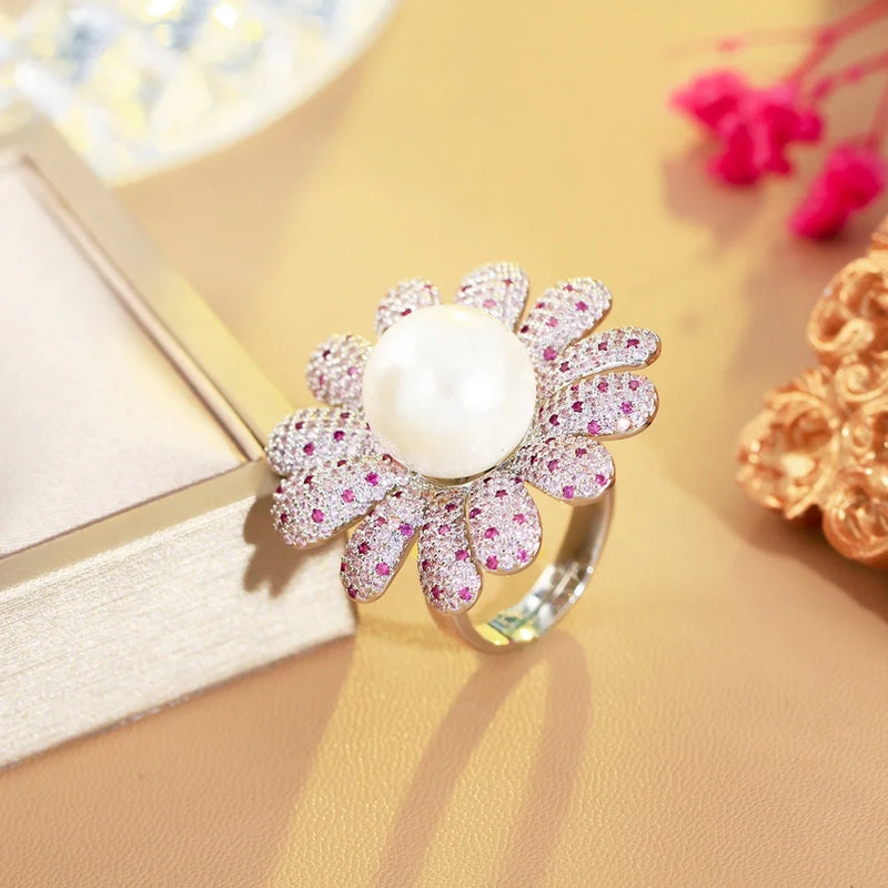 Large Pearl Flower Adjustable Open Ring
