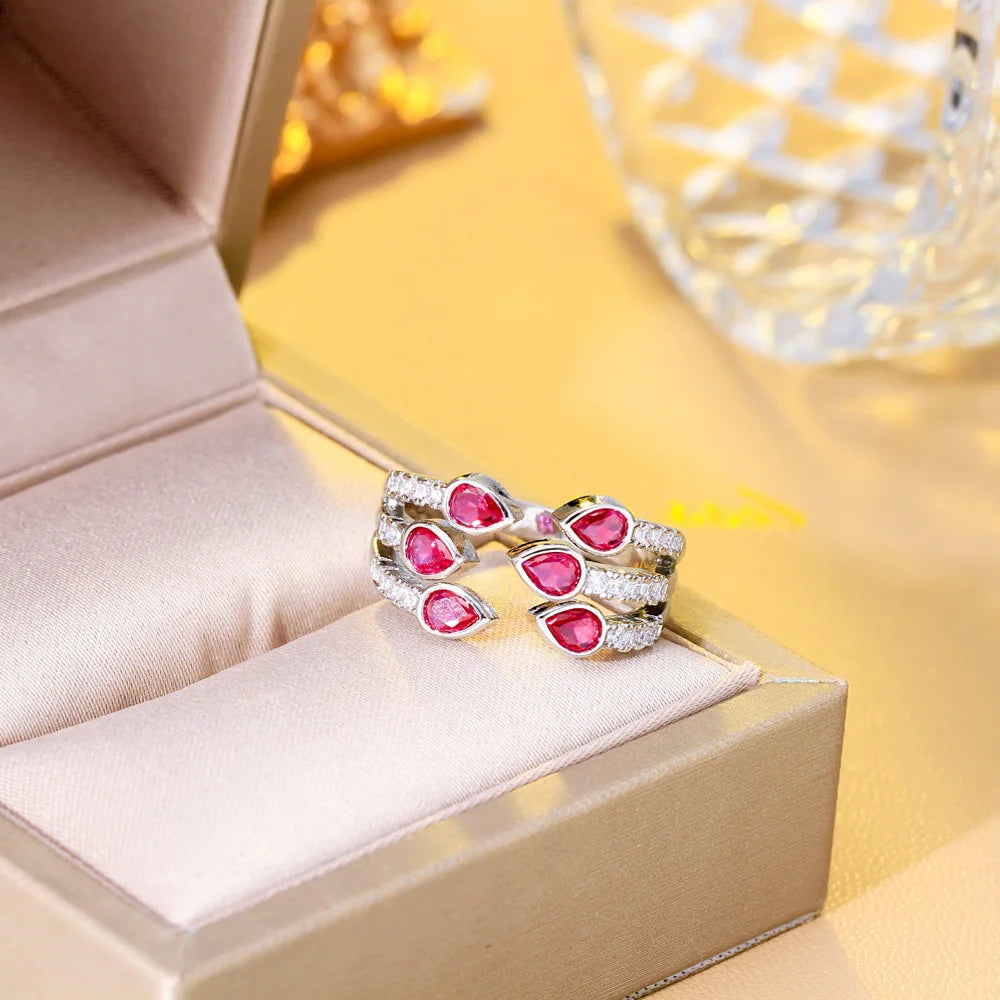 Pera Rose Red CZ Silver Open Promise Rings for Women Jewelry