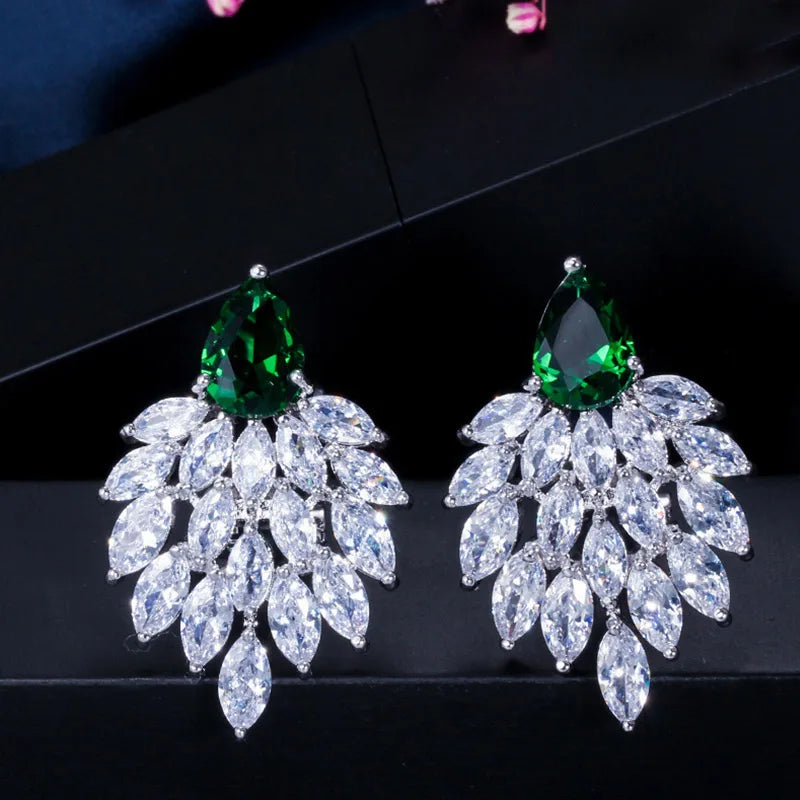 Vintage Bohemian Green Stone Drop Earrings with CZ