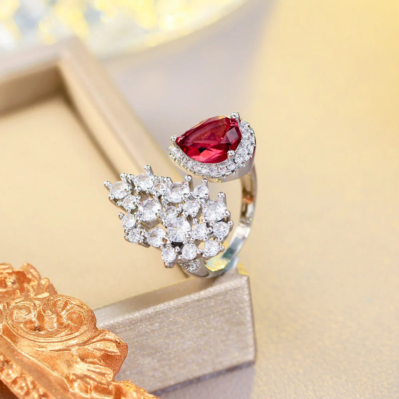 Rose Red Crystal Water Drop Ring for Women Wedding Jewelry