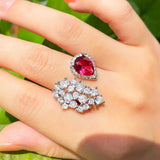Rose Red Crystal Water Drop Ring for Women Wedding Jewelry