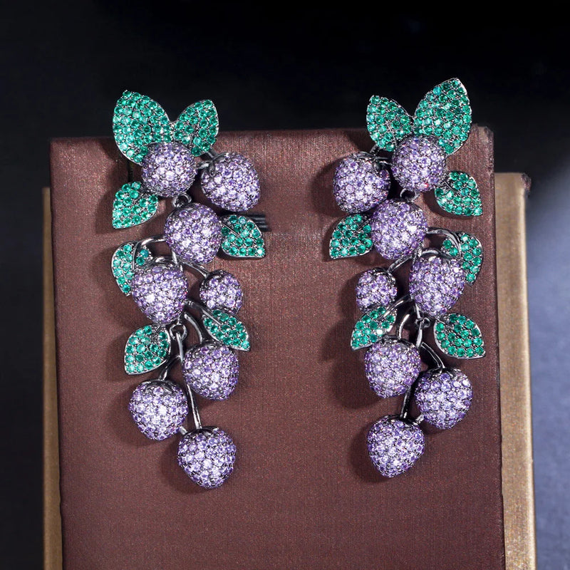 Green CZ Leaf Charm Tassel Drop Earrings for Women