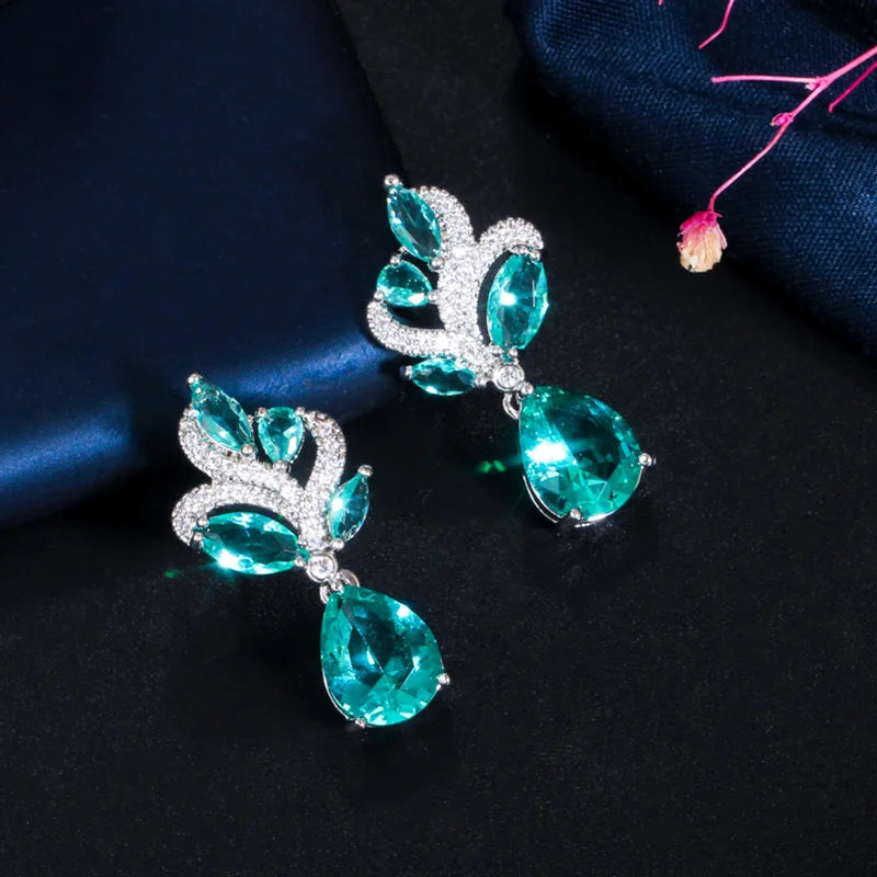Light Green Cubic Zirconia Leaf Drop Earrings