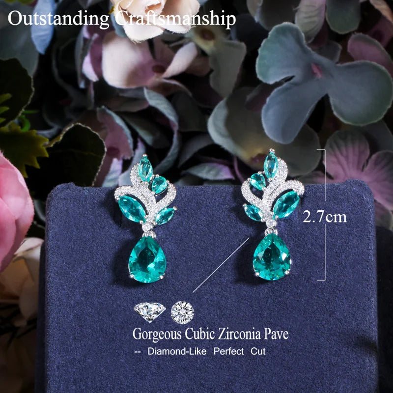 Light Green Cubic Zirconia Leaf Drop Earrings