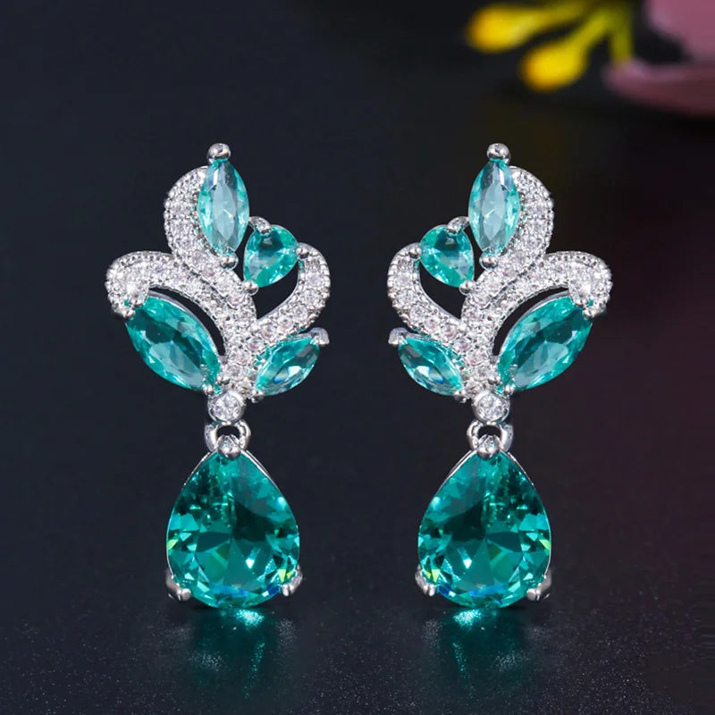 Light Green Cubic Zirconia Leaf Drop Earrings