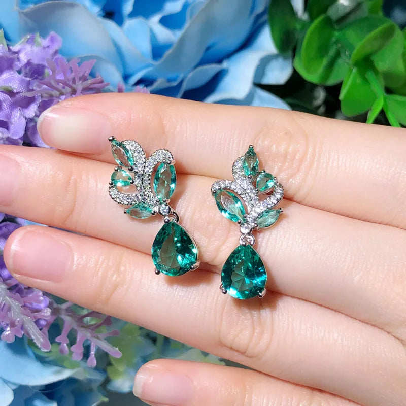 Light Green Cubic Zirconia Leaf Drop Earrings