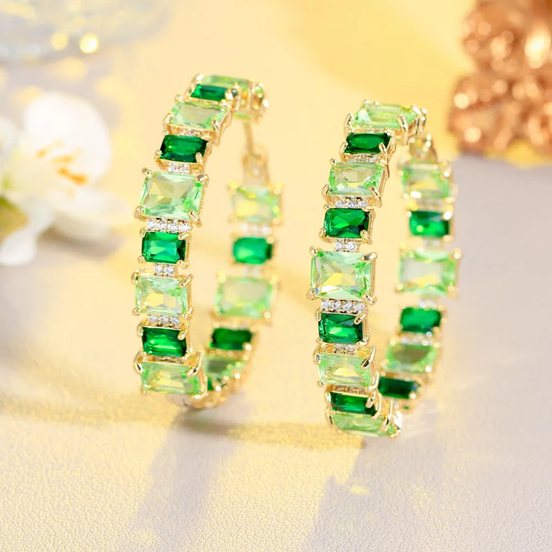 Pera Green CZ Crystal Large Round Hoop Earrings for Ladies