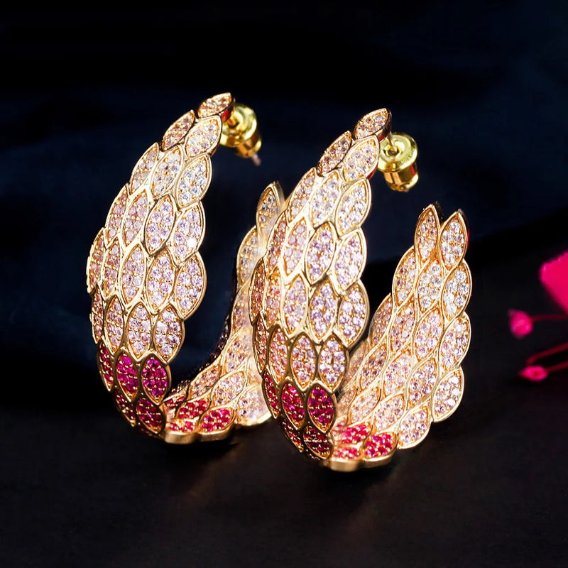 Pera Leaf CZ Zircon Africaine Yellow Hoop Earrings for Bridal Wedding