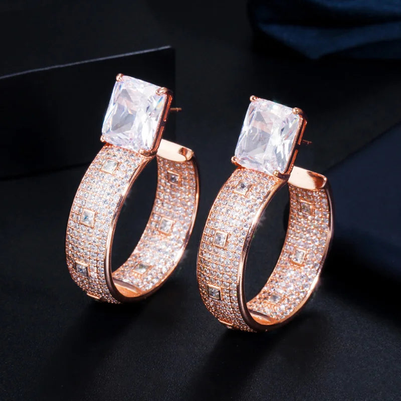Pera CZ Zircon Loop Earrings 585 Rose Dangling Large Round Circle Hoop Earrings