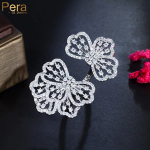 Pera Large Flower Leaf CZ Wedding Bands Adjustable Rings R056