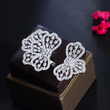 Pera Large Flower Leaf CZ Wedding Bands Adjustable Rings R056