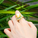 Resizable Green CZ Pearl Charms Ring for Women Wedding Jewelry