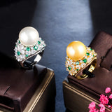 Resizable Green CZ Pearl Charms Ring for Women Wedding Jewelry