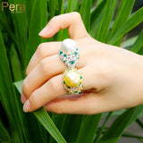 Resizable Green CZ Pearl Charms Ring for Women Wedding Jewelry