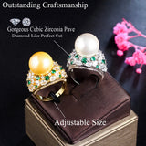 Resizable Green CZ Pearl Charms Ring for Women Wedding Jewelry