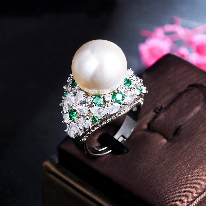 Resizable Green CZ Pearl Charms Ring for Women Wedding Jewelry
