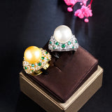 Resizable Green CZ Pearl Charms Ring for Women Wedding Jewelry