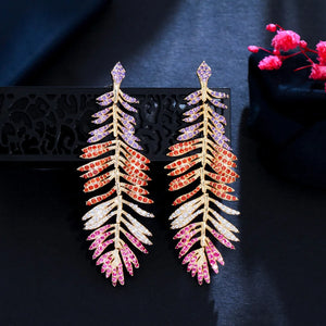 Pera Retro Leaf Feather Multicolor CZ Stone Plated Long Drop Earring