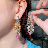 Pera Retro Leaf Feather Multicolor CZ Stone Plated Long Drop Earring