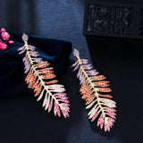 Pera Retro Leaf Feather Multicolor CZ Stone Plated Long Drop Earring