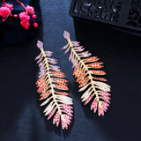 Pera Retro Leaf Feather Multicolor CZ Stone Plated Long Drop Earring