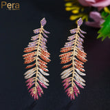 Pera Retro Leaf Feather Multicolor CZ Stone Plated Long Drop Earring