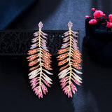 Pera Retro Leaf Feather Multicolor CZ Stone Plated Long Drop Earring