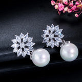 Pera Romantic Women Party Earrings with Pearl Drop and Cubic Zirconia