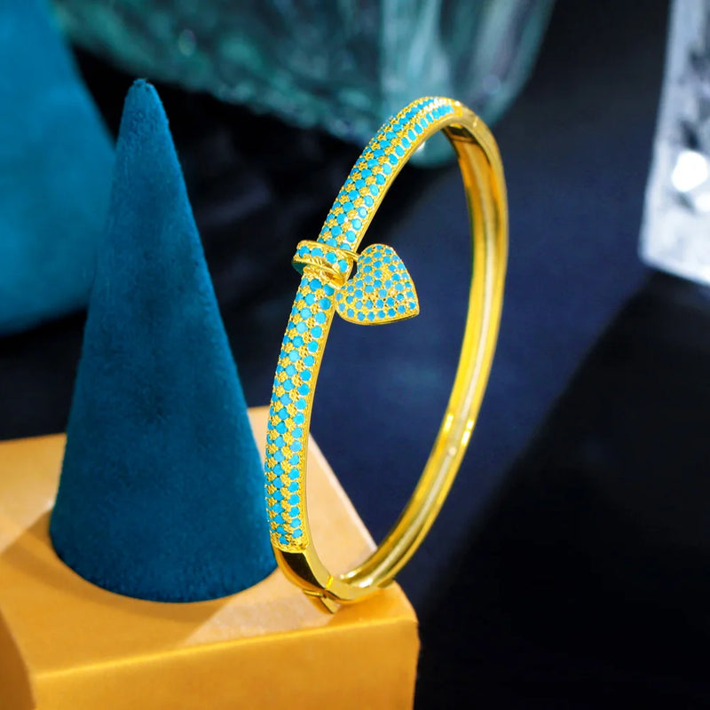 Pera Light Turquoise Stone Heart Charm Bangles Wedding Jewelry