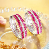 Red Cubic Zirconia Silver Hoop Earrings for Women Costume Party Jewelry