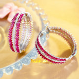 Red Cubic Zirconia Silver Hoop Earrings for Women Costume Party Jewelry