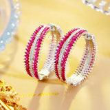 Red Cubic Zirconia Silver Hoop Earrings for Women Costume Party Jewelry