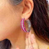 Red Cubic Zirconia Silver Hoop Earrings for Women Costume Party Jewelry