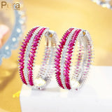 Red Cubic Zirconia Silver Hoop Earrings for Women Costume Party Jewelry