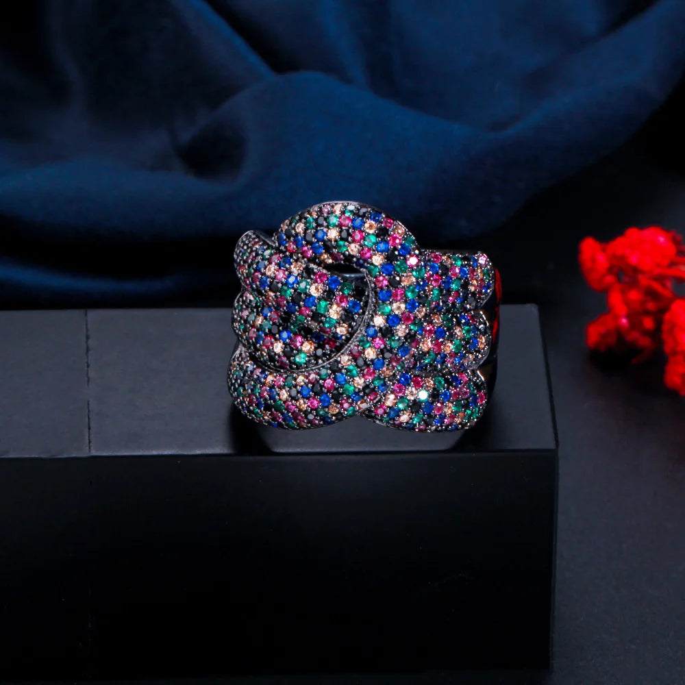 Pera Multicolor CZ Stone Big Round Resizable Finger Ring for Women