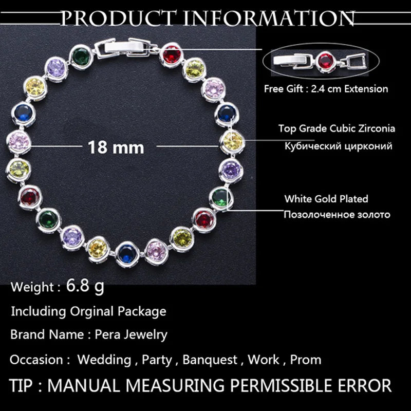 Pera Multicolor CZ Round Link Chain Bracelet for Birthday Party