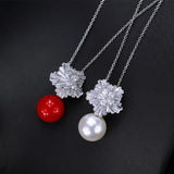 Red Pearl CZ Flower Pendant Necklace Women Party Gift P009