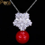Red Pearl CZ Flower Pendant Necklace Women Party Gift P009