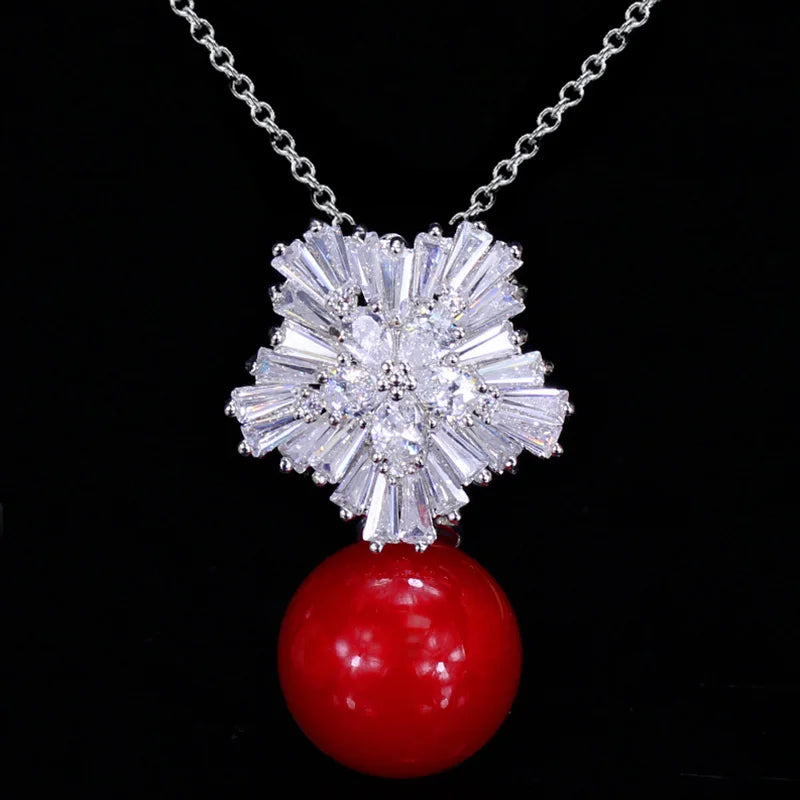 Red Pearl CZ Flower Pendant Necklace Women Party Gift P009