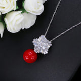 Red Pearl CZ Flower Pendant Necklace Women Party Gift P009