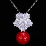 Red Pearl CZ Flower Pendant Necklace Women Party Gift P009