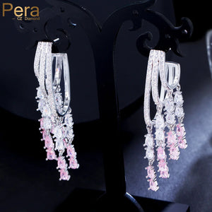 Pera Pink CZ Stone Tassel Drop Earrings Wedding Jewelry E116