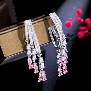 Pera Pink CZ Stone Tassel Drop Earrings Wedding Jewelry E116