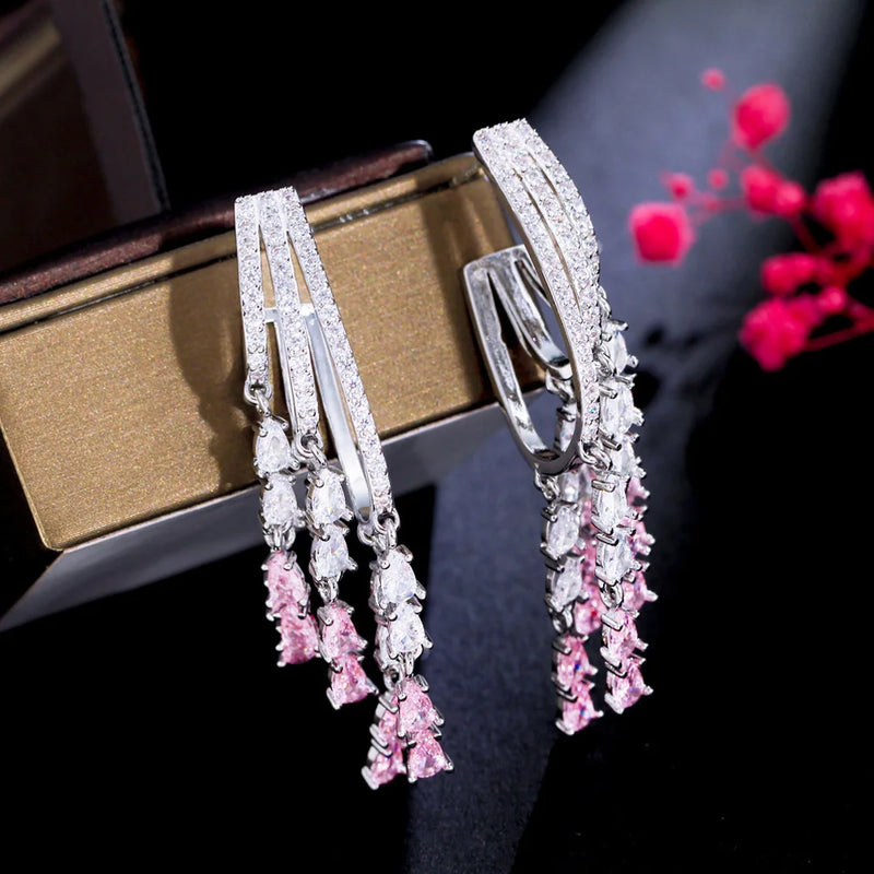 Pera Pink CZ Stone Tassel Drop Earrings Wedding Jewelry E116