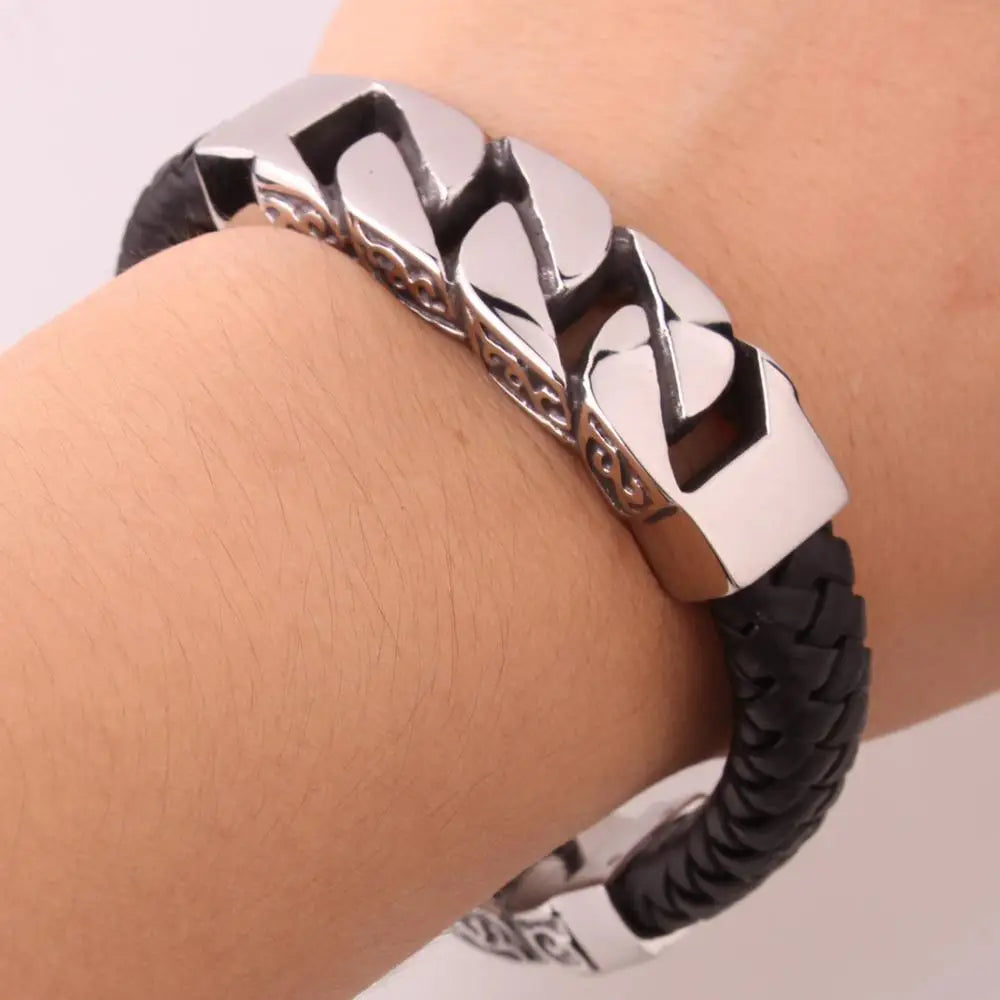 Vintage Leather Silver Men Bracelet Stainless Steel Gift