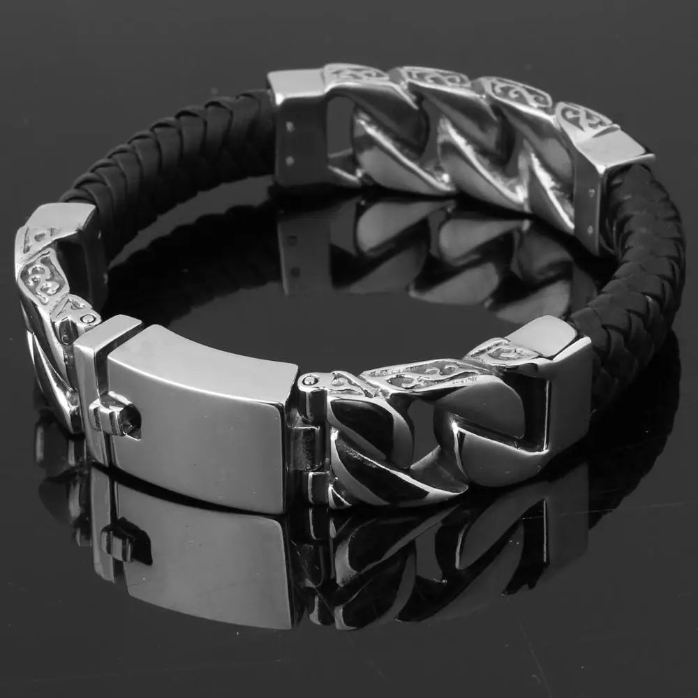 Vintage Leather Silver Men Bracelet Stainless Steel Gift