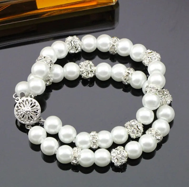 2 Rows 8mm Pearl Rhinestone Bracelet for Wedding, Bridal Party, Baby Gift