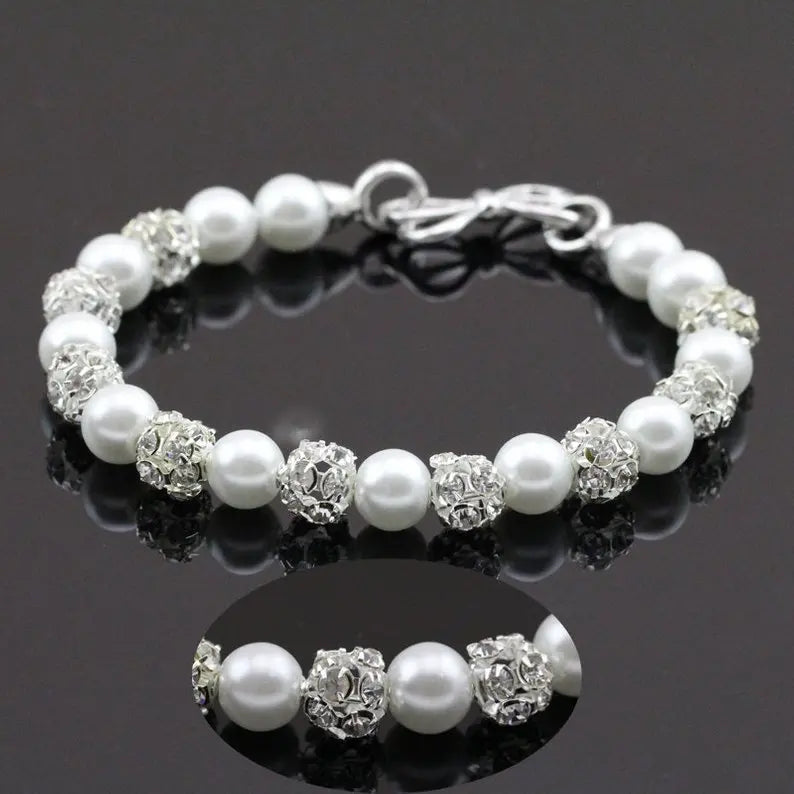 Bridal Party Pearl Rhinestone Bracelet, Charming Girl Baby Gift
