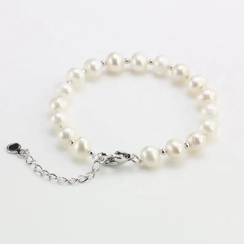 White Freshwater Pearl Silver Beads Bracelet, Mom Birthday Gift