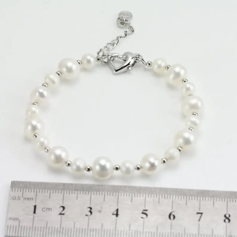 Wedding Pearls Bracelet, White Freshwater Pearl 6mm 8mm Mix with Silver Beads